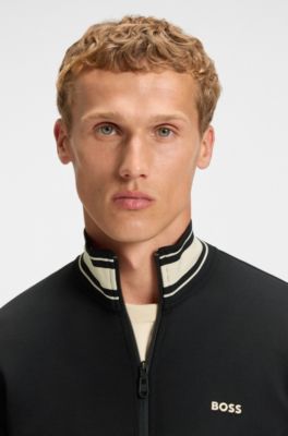 Sudadera de algod&oacute;n con cierre de cremallera y ribetes de rayas, Negro