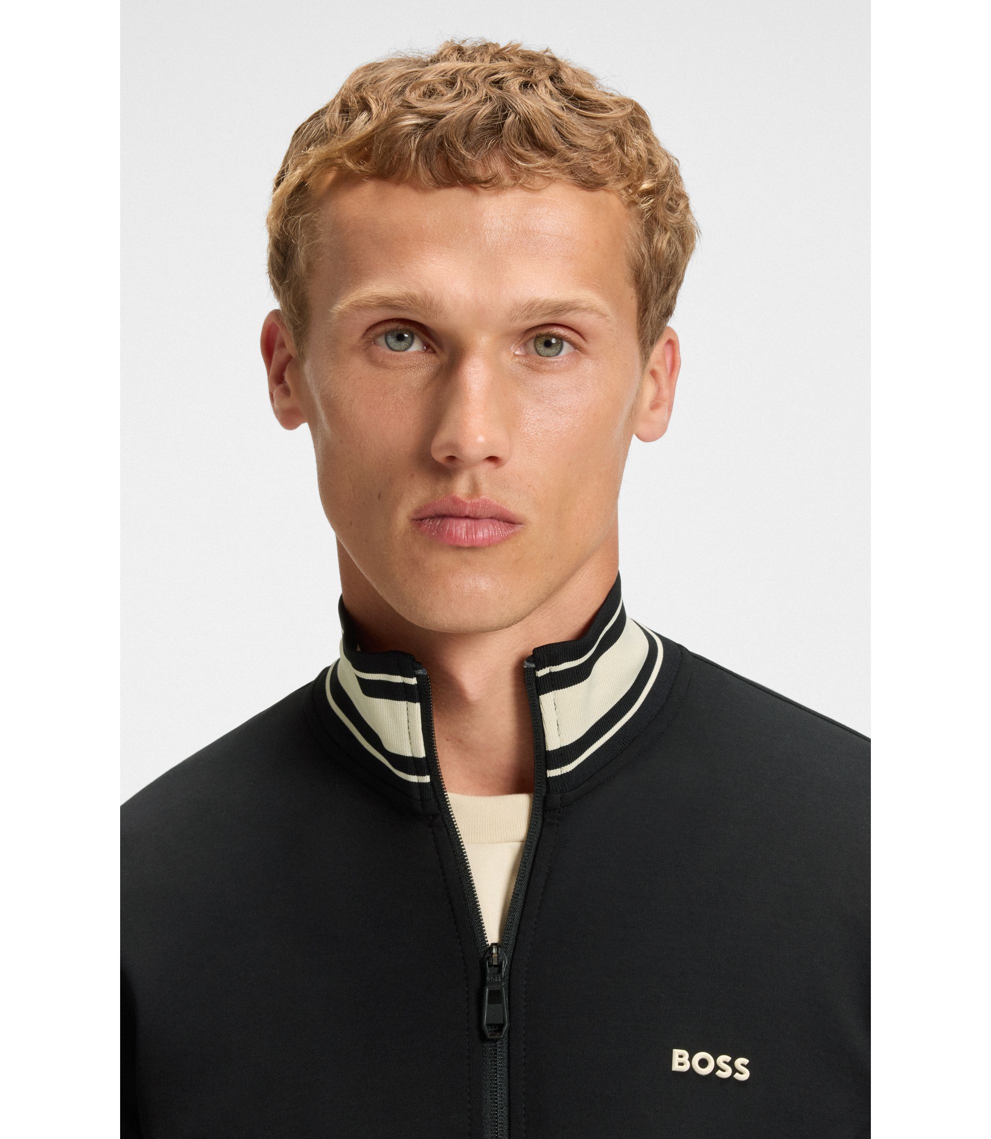 BOSS - Stripe-detail zip-up sweatshirt in a cotton blend - Black