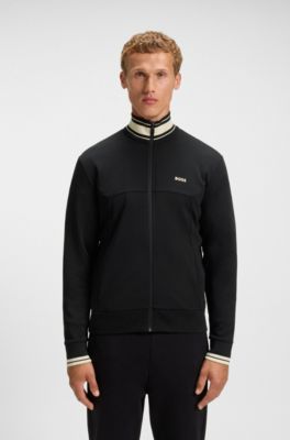 Sudadera de algod&oacute;n con cierre de cremallera y ribetes de rayas, Negro