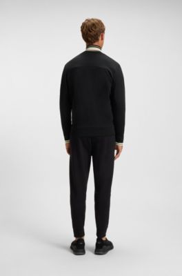 Sudadera de algod&oacute;n con cierre de cremallera y ribetes de rayas, Negro