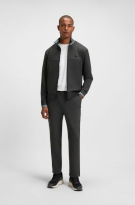 Sweat zipp&eacute; en coton m&eacute;lang&eacute; avec finitions &agrave; rayures, Gris sombre