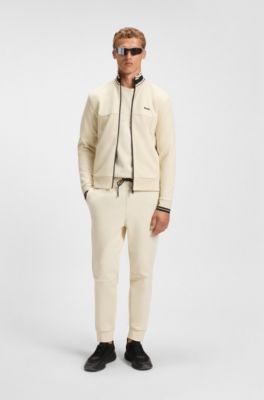 Sudadera de algod&oacute;n con cierre de cremallera y ribetes de rayas, Blanco