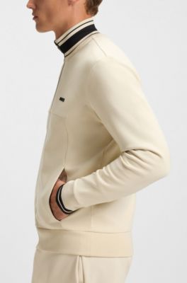Sudadera de algod&oacute;n con cierre de cremallera y ribetes de rayas, Blanco