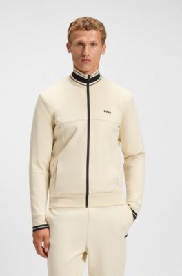 Sudadera de algod&oacute;n con cierre de cremallera y ribetes de rayas, Blanco