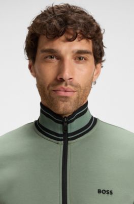 Stripe-detail zip-up sweatshirt in a cotton blend, Light Green