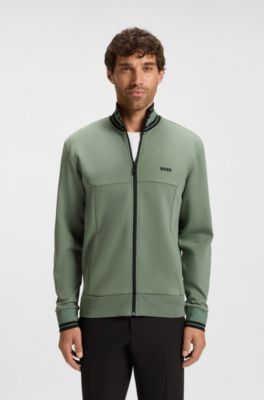 Stripe-detail zip-up sweatshirt in a cotton blend, Light Green