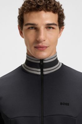 Stripe-detail zip-up sweatshirt in a cotton blend, Dark Blue