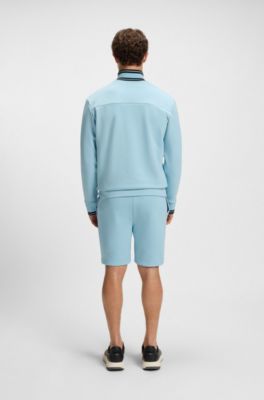 Stripe-detail zip-up sweatshirt in a cotton blend, Light Blue