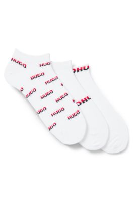 Paquete de tres pares de calcetines tobilleros con logos en dos tonos, Blanco