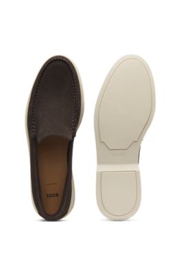 Debossed-logo loafers in suede, Dark Brown