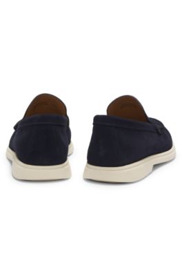 Mocassins en cuir su&eacute;d&eacute; avec logo grav&eacute; en creux, Bleu fonc&eacute;