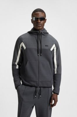 Sudadera regular fit con capucha y cremallera en jacquard guateado, Gris oscuro