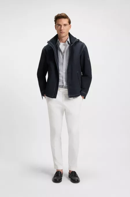 Removable-hood jacket with water-repellent finish