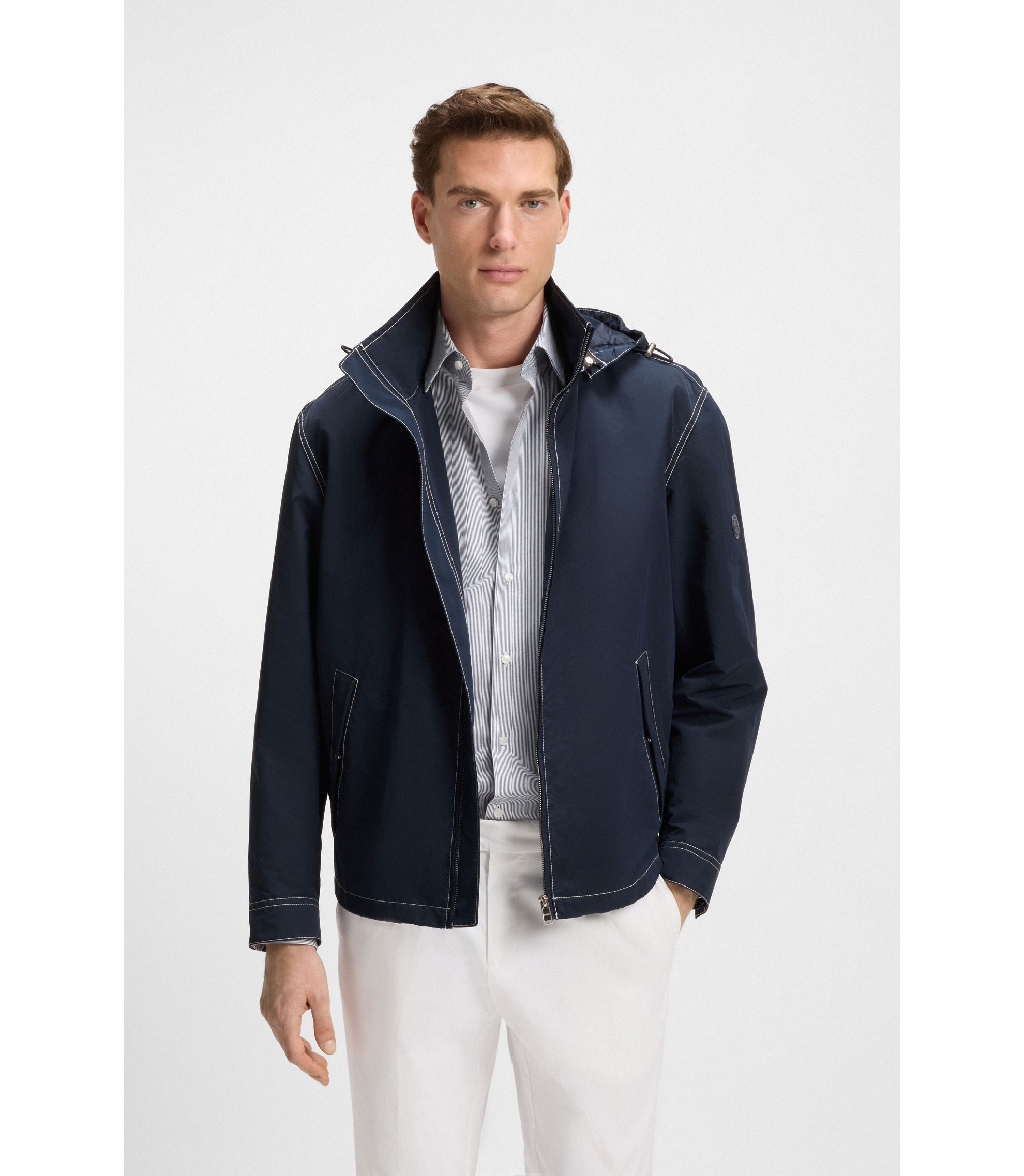 BOSS - Removable-hood jacket with water-repellent finish - Dark Blue