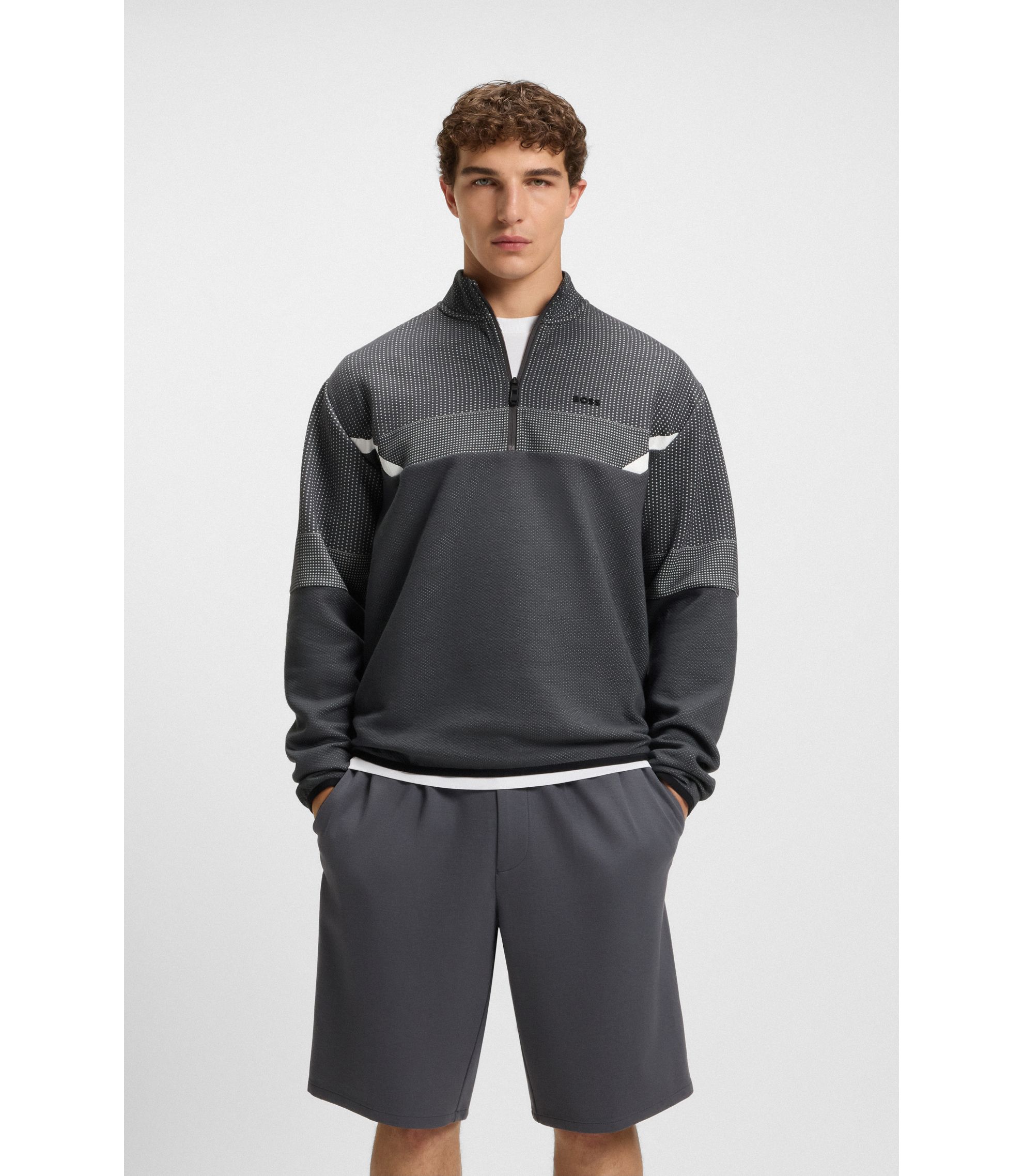 BOSS - Relaxed-fit zip-neck sweatshirt with quilted jacquard