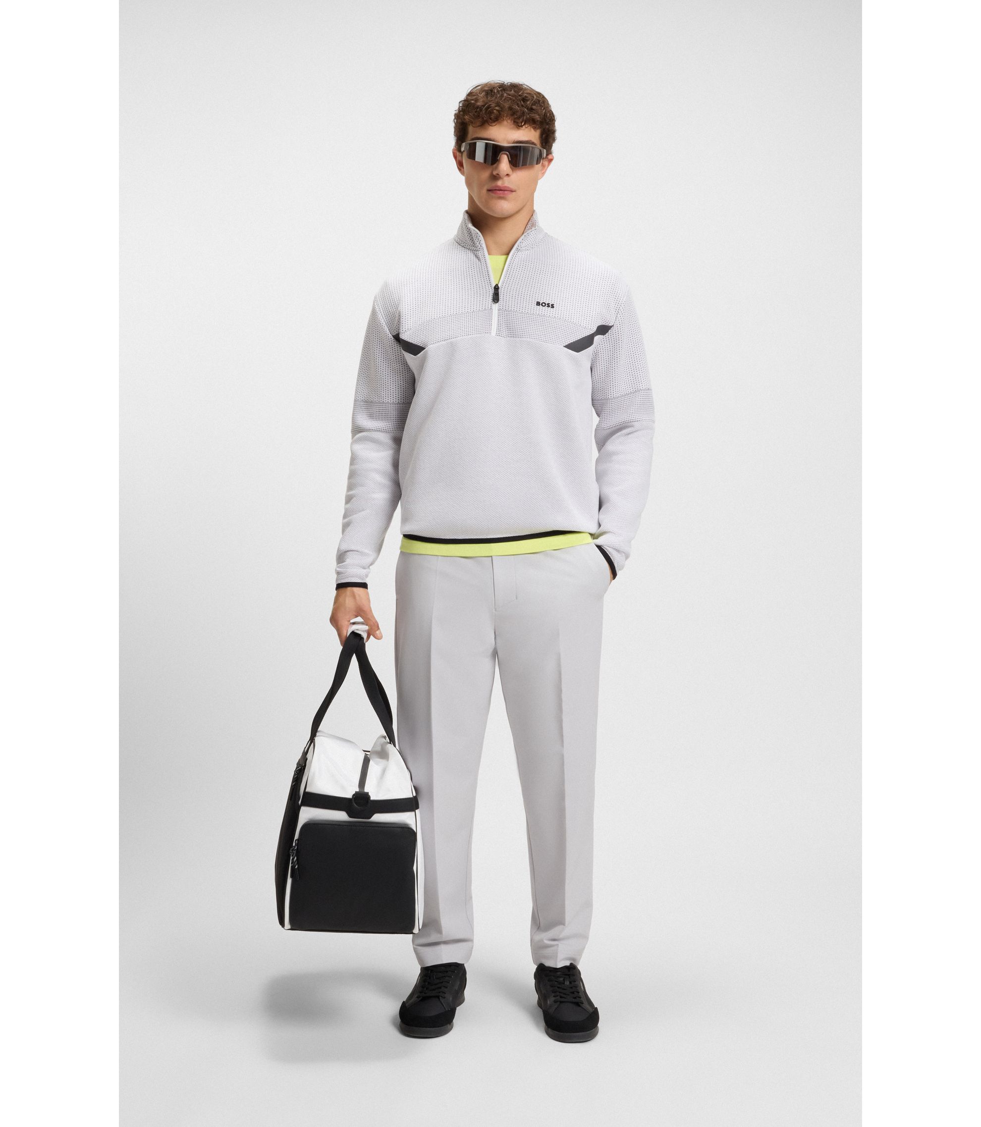 しろ BOSS - Relaxed-fit zip-neck sweatshirt with quilted jacquard