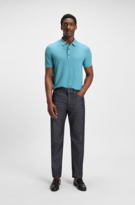 Knit polo sweater with rich structure, Light Blue