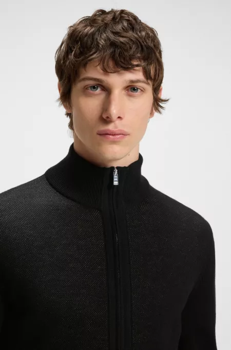 Zip-front cardigan with knitted structure