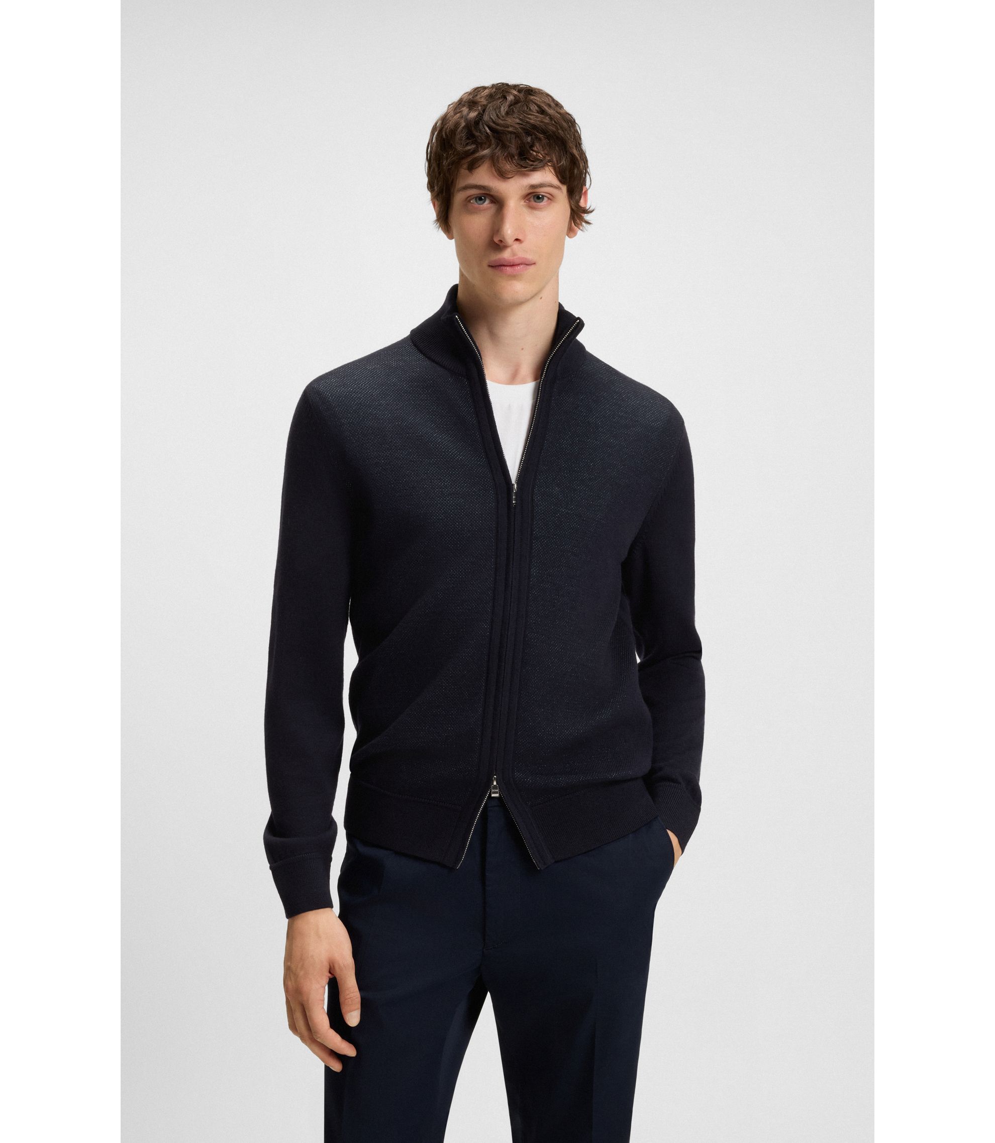 HUGO BOSS キルティング 切替ニットブルゾン ネイビー ウール ジップ HUGO BOSS（ヒューゴ・ボス） ブルゾン メンズ フロント 切り替え