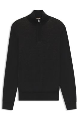 Pull avec encolure zipp&eacute;e et devant structur&eacute; en coton et laine, Noir