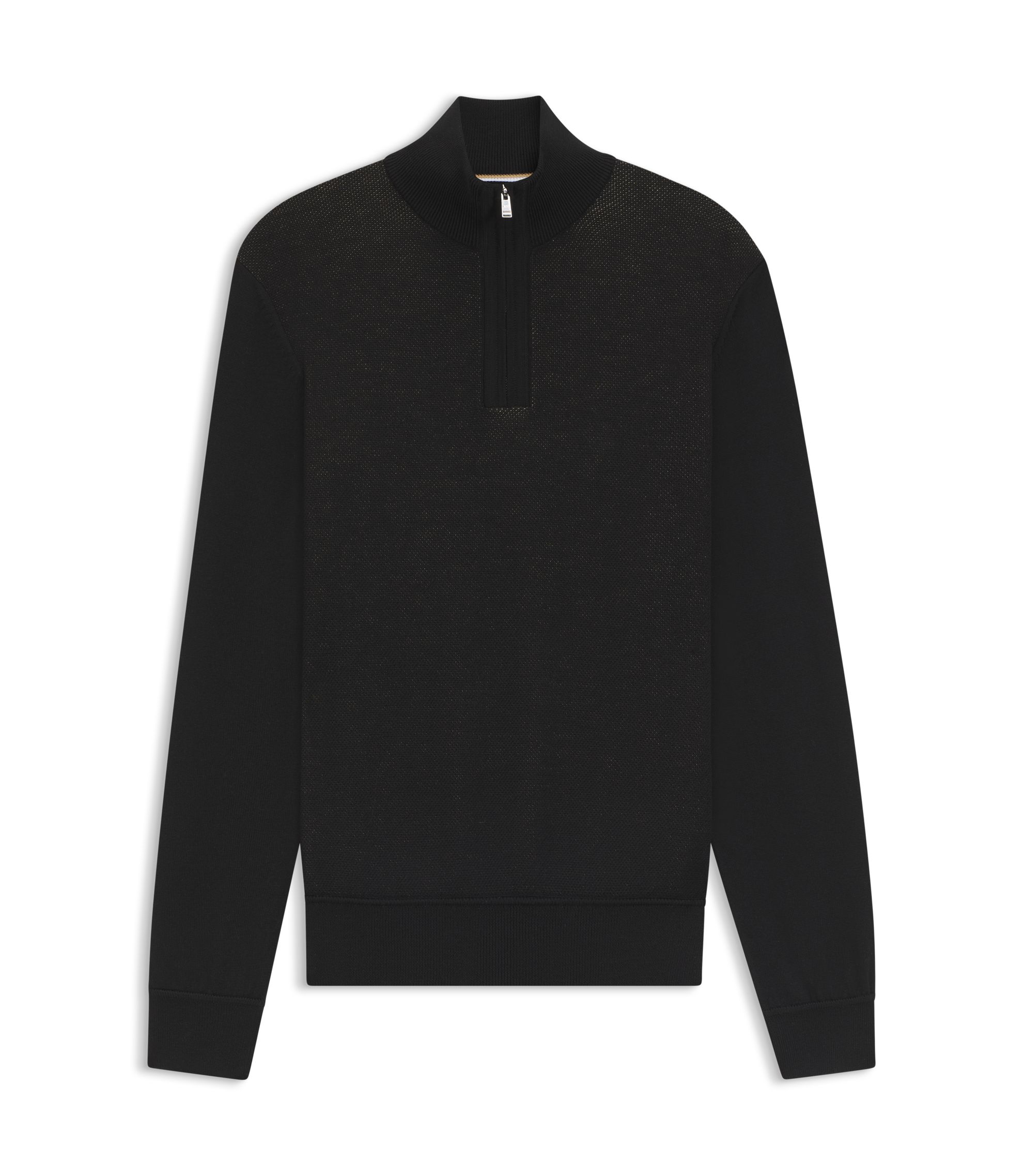 トップス CREW-NECK S/S SWEATER BOSS - Zip-neck sweater with structured wool-cotton front - Black