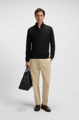 Zip-neck sweater with structured wool-cotton front, Black