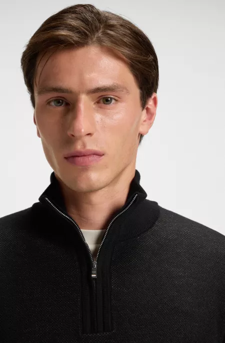 Zip-neck sweater with structured wool-cotton front