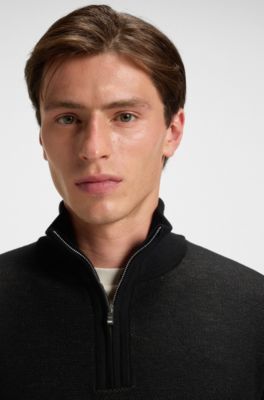 Pull avec encolure zipp&eacute;e et devant structur&eacute; en coton et laine, Noir