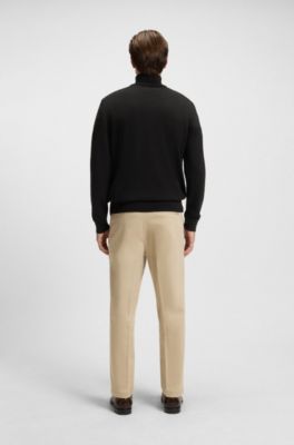 Pull avec encolure zipp&eacute;e et devant structur&eacute; en coton et laine, Noir