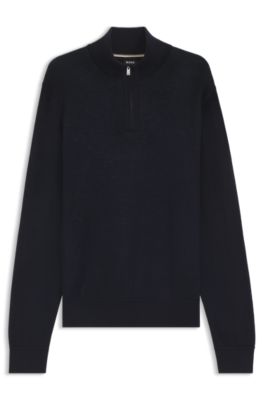 Zip-neck sweater with structured wool-cotton front, Dark Blue