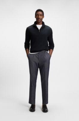 Zip-neck sweater with structured wool-cotton front, Dark Blue