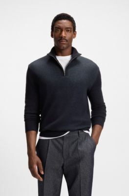 Zip-neck sweater with structured wool-cotton front, Dark Blue