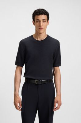 Pull en maille avec m&eacute;lange de structures, Bleu fonc&eacute;
