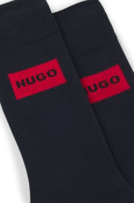 Lot de deux paires de chaussettes mi-hautes avec &eacute;tiquettes logot&eacute;es, Bleu fonc&eacute;