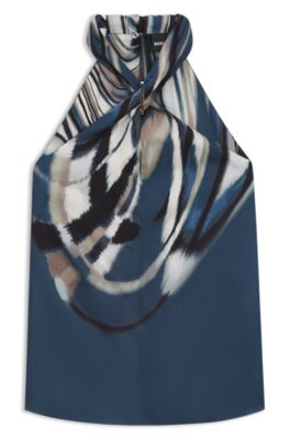 Tie-neckline top in printed twill, Patterned