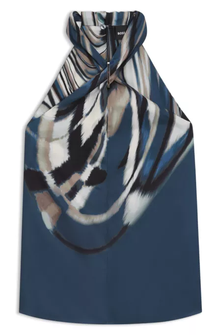 Tie-neckline top in printed twill