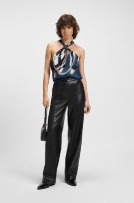 Tie-neckline top in printed twill, Patterned