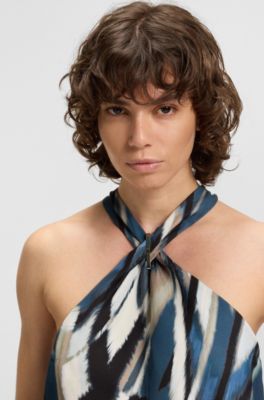 Tie-neckline top in printed twill, Patterned
