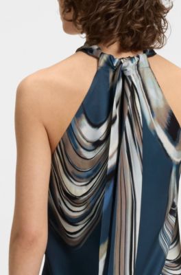 Tie-neckline top in printed twill, Patterned