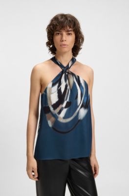Tie-neckline top in printed twill, Patterned