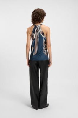 Tie-neckline top in printed twill, Patterned