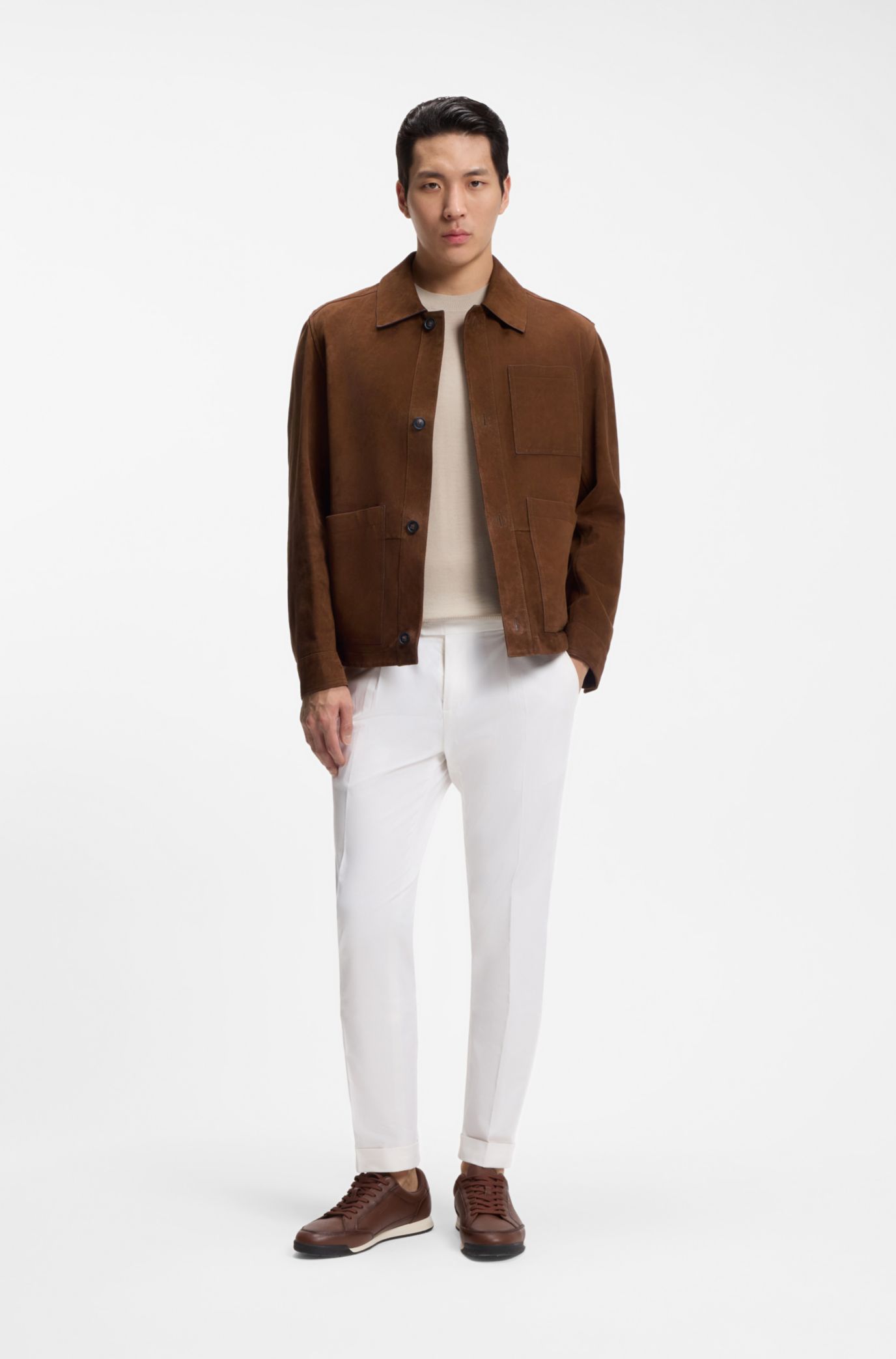 HUGO BOSS TWENTY suède ブルゾン イタリア製 BOSS - Suede jacket with cotton-blend sleeves - Dark Blue
