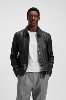 Chaqueta de piel regular fit con cierre de cremallera, Negro