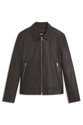 BOSS ブラックレザーアウター BOSS Regular-Fit Lamb Leather Jacket in with Stand Collar