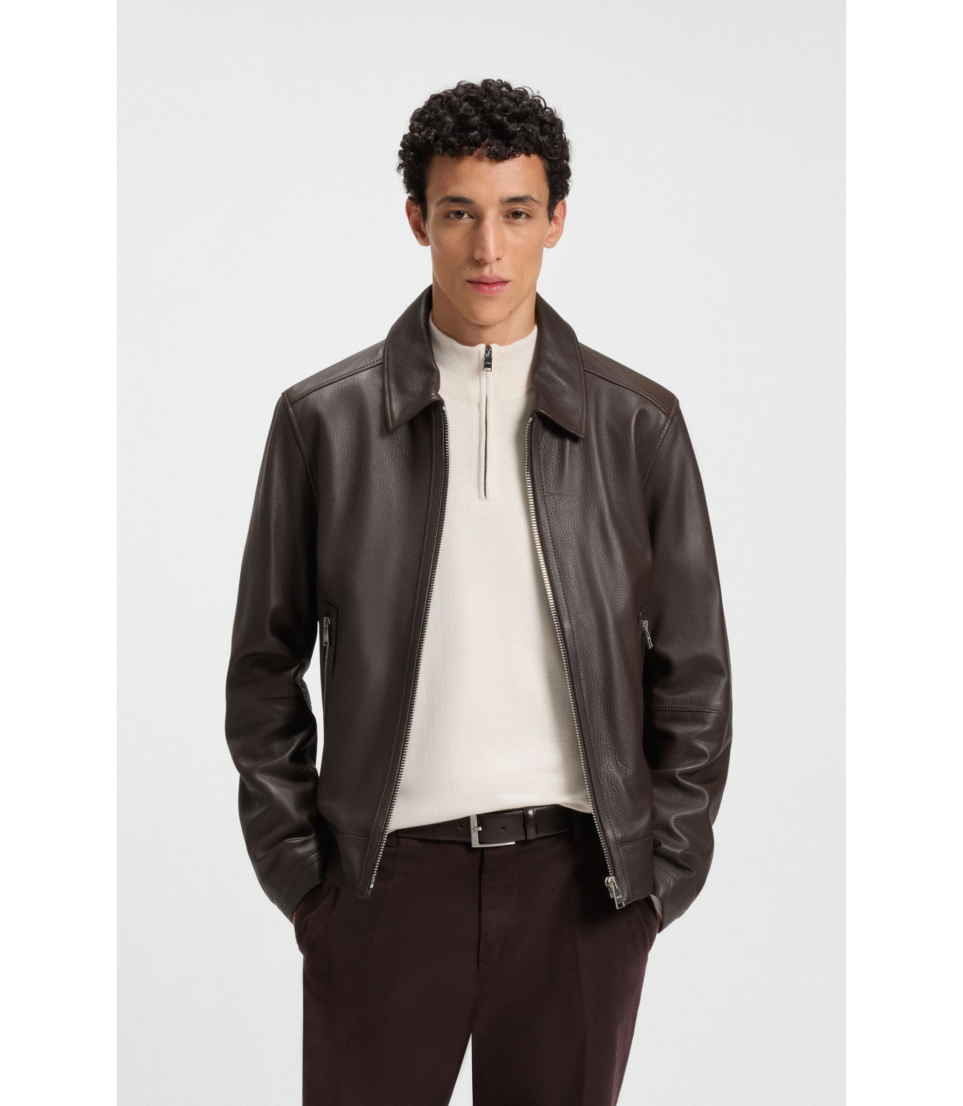 HUGO BOSS レザージャケット　羊皮 BOSS - Regular-fit leather jacket with zip closure - Light Brown