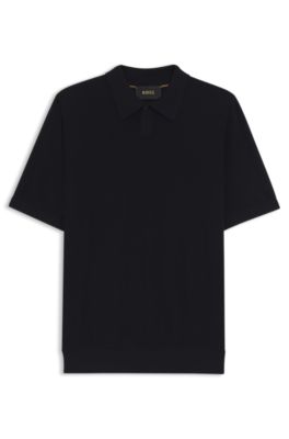 Polo de punto de lana merina con el&aacute;stico natural, Azul oscuro