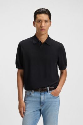 Polo de punto de lana merina con el&aacute;stico natural, Azul oscuro