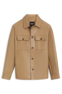 Flap-pocket leather jacket in a shirt style, Beige