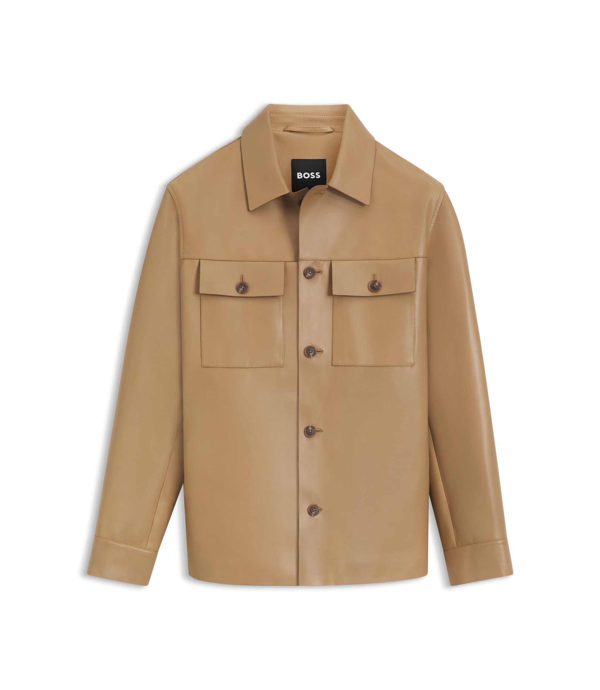 BOSS - Flap-pocket leather jacket in a shirt style - Beige