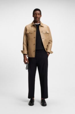 Chaqueta de piel estilo camisa con bolsillos con solapa, Beige